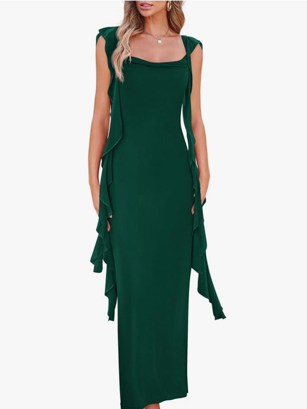 Elegant Green Ruffle-Trim Maxi Dress - Women